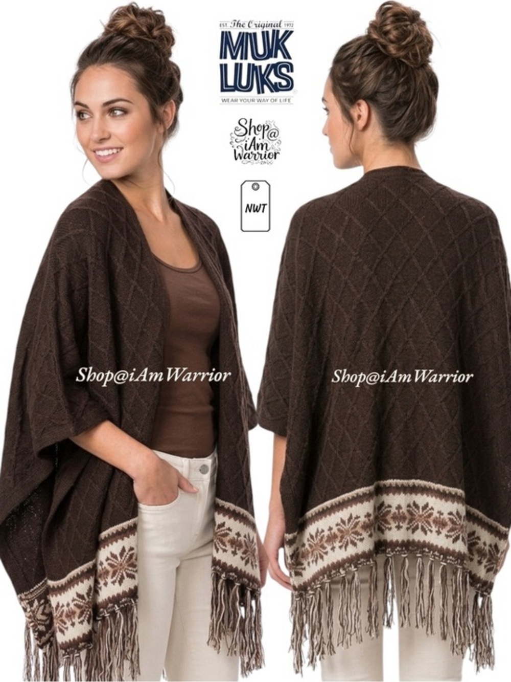 Muk Luks NWT fringe brown & cream boho ruana wrap*shop@iamwarrior